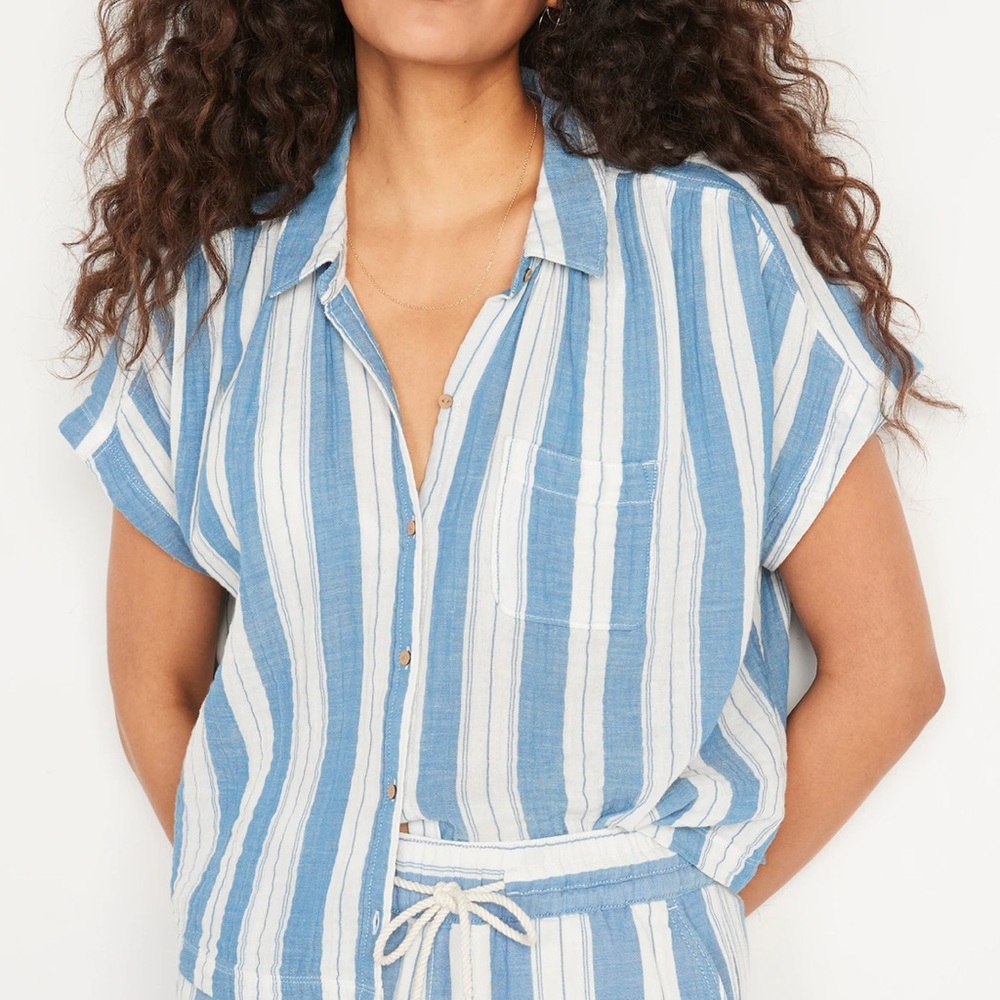 Short Sleeved Button-Down Striped Top